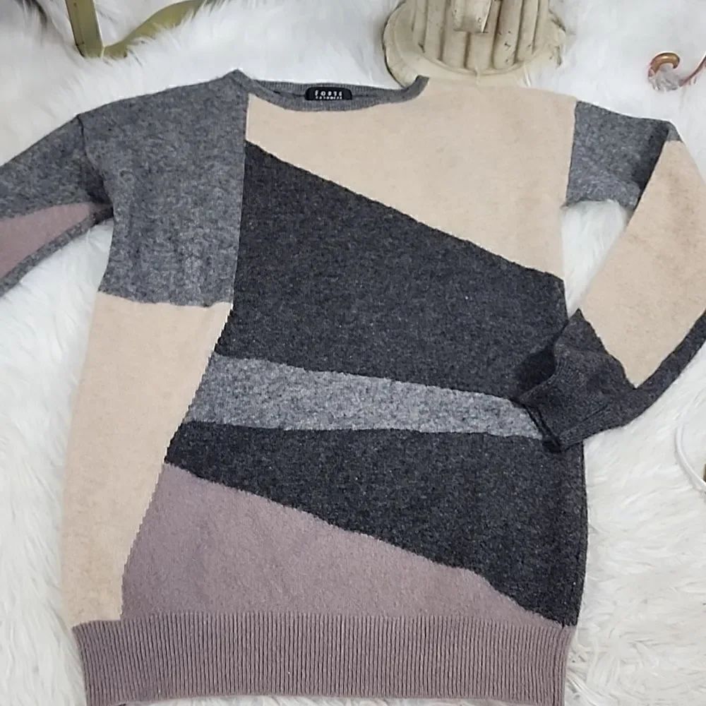 100% Cashmere FORTE Colorblock Sweater Buttery Soft Color Block - Picture 4 of 8